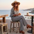 thumbnail image 6 of Women's 2 Piece Linen Matching Set V Neck Ruffle 3/4 Sleeve Button Down Gingham Plaid Top Wide Leg Pants Casual Outfit, L, 6 of 7
