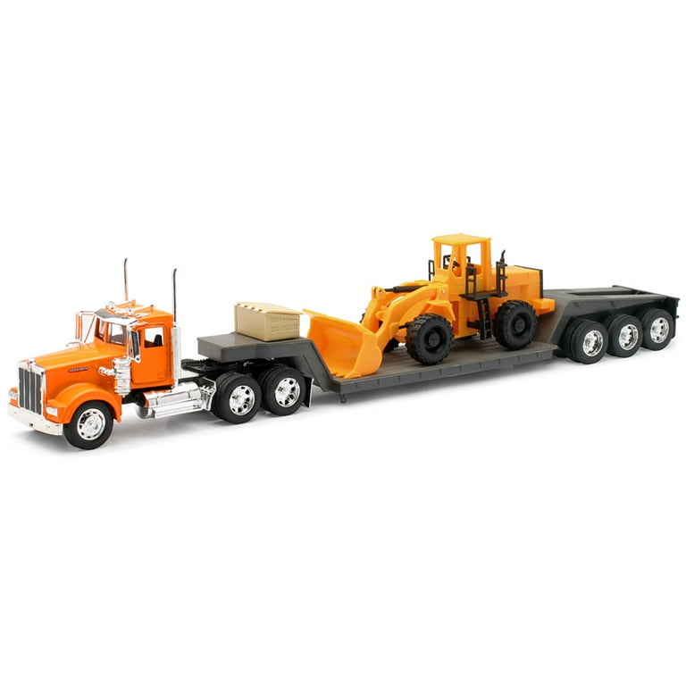 Kenworth W900 Truck with Lowboy Trailer Orange and Wheel Loader