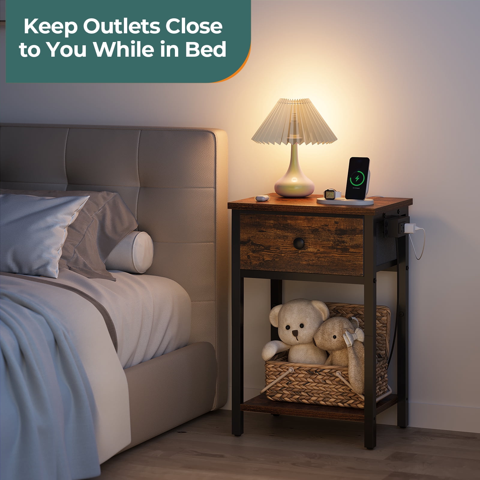 Yoobure Nightstand with Charging Station, Side Table with Large Drawer and Storage Shelf, Rustic Bedside Tables with USB Ports & Outlets for Bedroom,Living Room