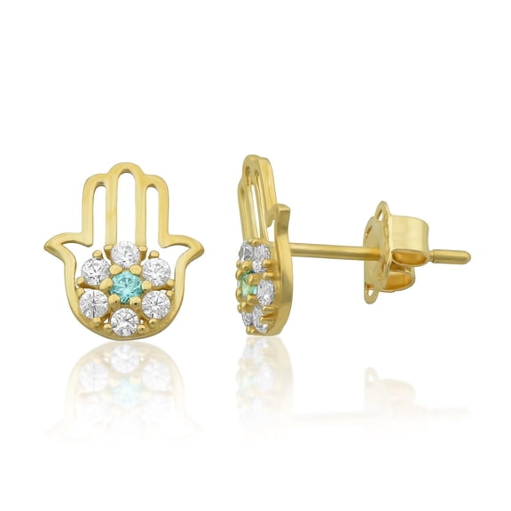 Vinali 14K Solid Yellow Gold Blue White Cz Dainty Hand Hamsa Stud Earrings
