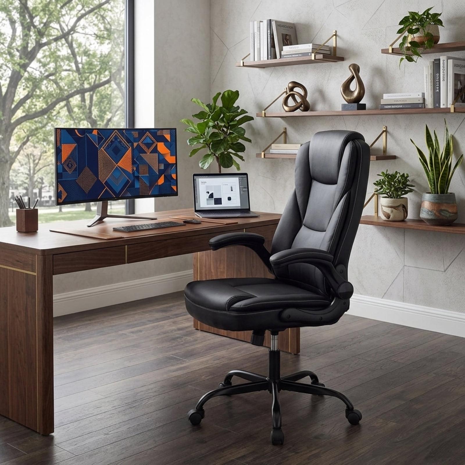 Furnibear Leather Office Chair and Ergonomic Computer Desk Chair with Flip Up Armrests Rocking Function Swivel Seat and Height Adjustment, Black