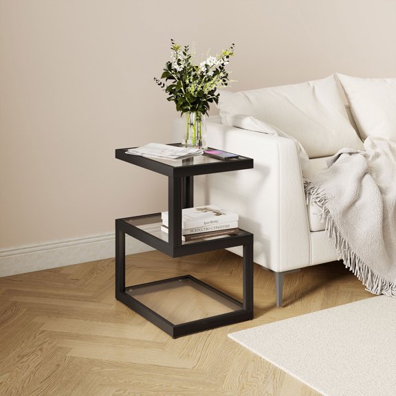 Permory S-Shaped 3-Tier S-Shaped Glass Side Table, Rectangular Tabletop Black Metal Frame End Table with RGB LED Strip Lights, Modern Accent Furniture for Living Room & Bedroom