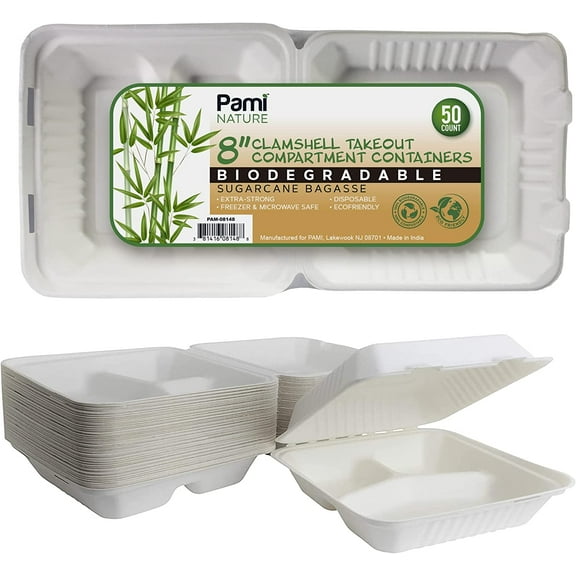 PAMI 8x8in Compostable To Go Containers with Lids, 50 count Disposable Biodegradable Bagasse Compartment Plates