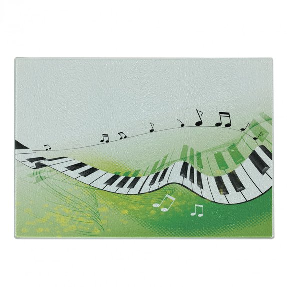 Music Cutting Board, Music Piano Keys Curvy Fingerboard Summertime Entertainment Flourish, Decorative Tempered Glass Cutting and Serving Board, Small Size, Lime Green Black White, by Ambesonne