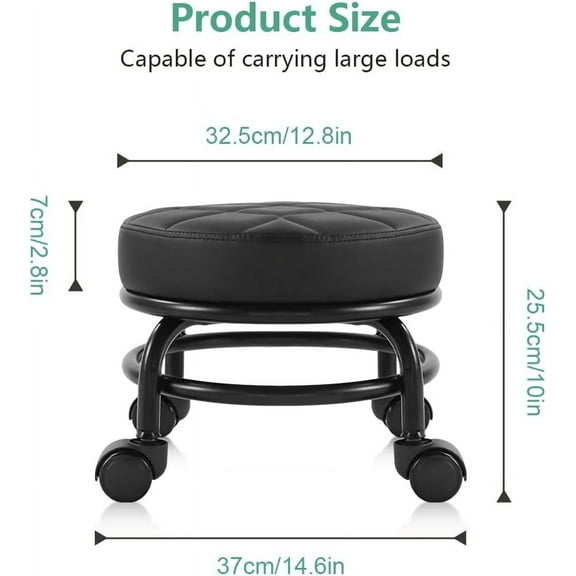 Low Roller Seat PU Leather Rolling Stool with Wheels for Manicure, Mechanic, Home Office, Garage Shop Black