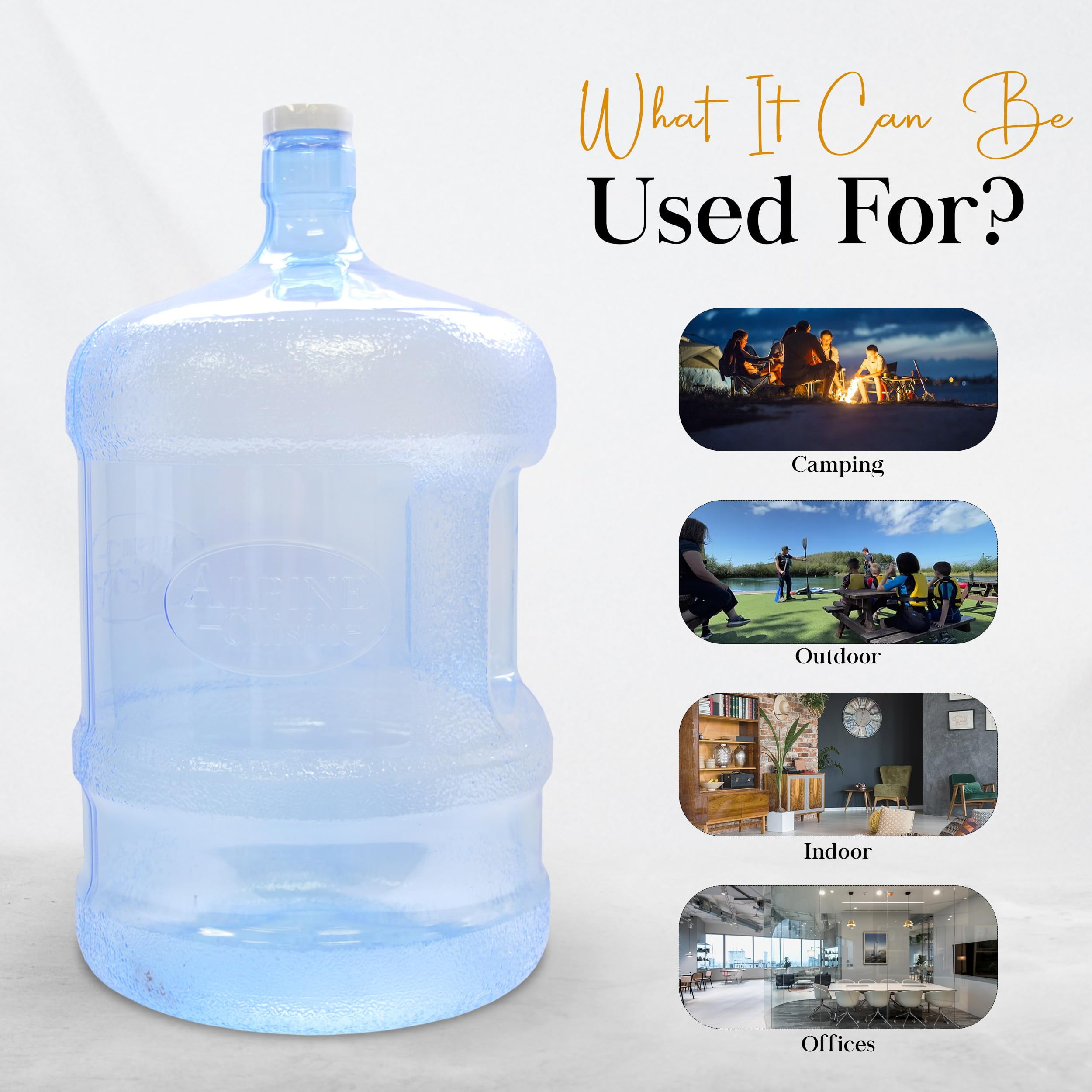 Alpine Cuisine Plastic 5 Gallon Water Bottle with Cap PVC , Reusable Jug Container Water Can , Easy Grip Carry Handle , Non-Spill & Completely Leak-Proof