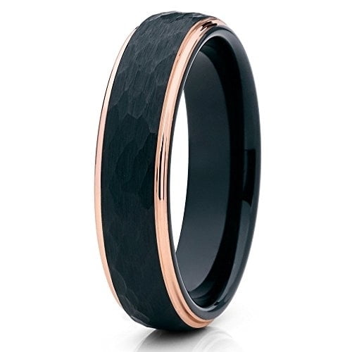 Tungsten Wedding Band Tungsten Carbide Ring Black Tungsten Rose Gold Hammered 6mm Comfort Fit