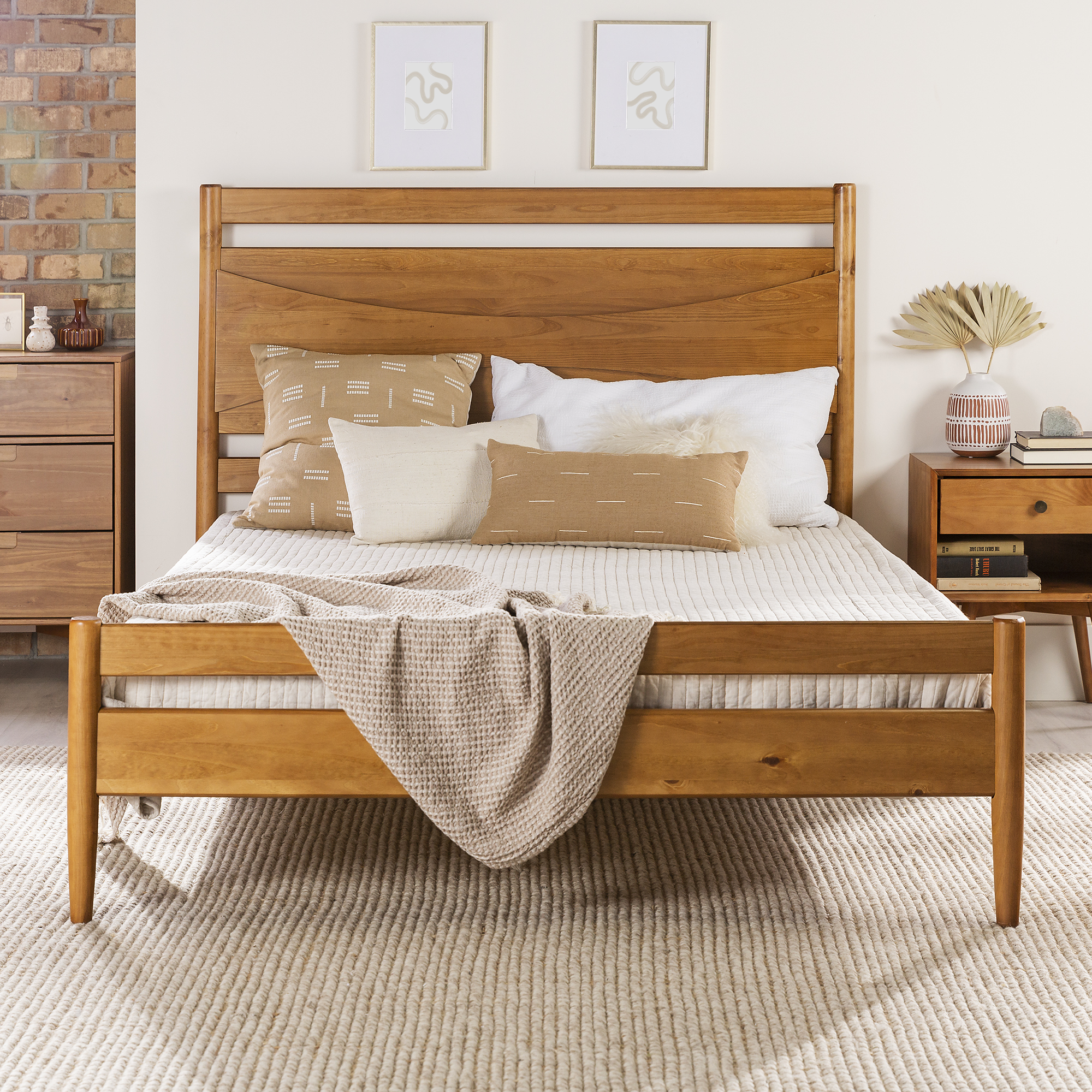 Walker Edison Mid Century Modern Wood Platform Queen Bed Frame, Caramel