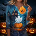 thumbnail image 2 of Halloween Shirts Women Funny 3/4 Sleeve T Shirts Horror Pumpkin Ghost Printed Tops Spooky Button V Neck Pullover Holiday Three Quarter Length Blouses, L, 2 of 6