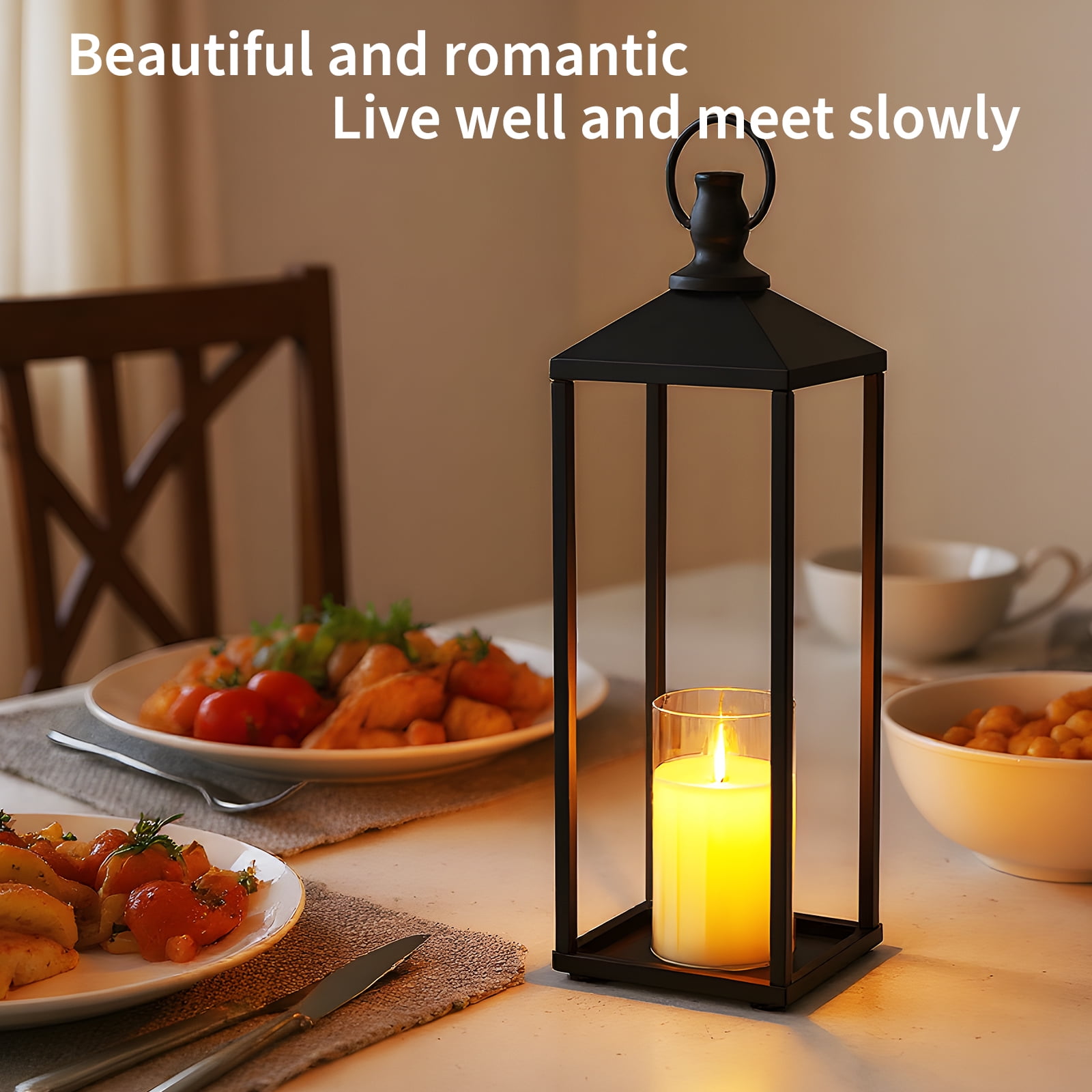 Gaderth 19" 22" Metal Candle Lanterns Set with Flameless LED Candles, Halloween Christmas Important Moments or Ordinary Life Lanterns Decorative for Outdoor Indoor, Patio Porch Garden Floor