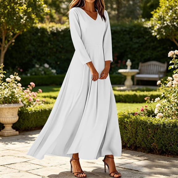Women's Casual Maxi Dress Long Sleeve V Neck Dress Elegant A-Line Long Flowy Dress For Wedding Guest Cocktail Party Formal White L