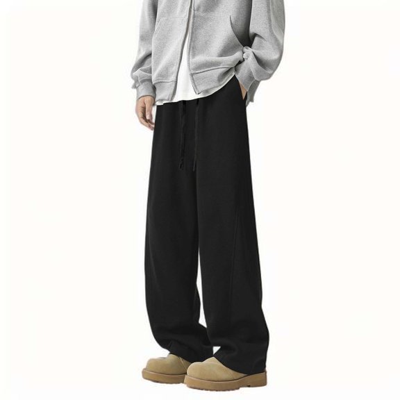 Men's Long Pants Fashion Loose Large Size Straight Full Length Pant Solid Vintage Drape Wide Leg Pocket Drawstring Trousers