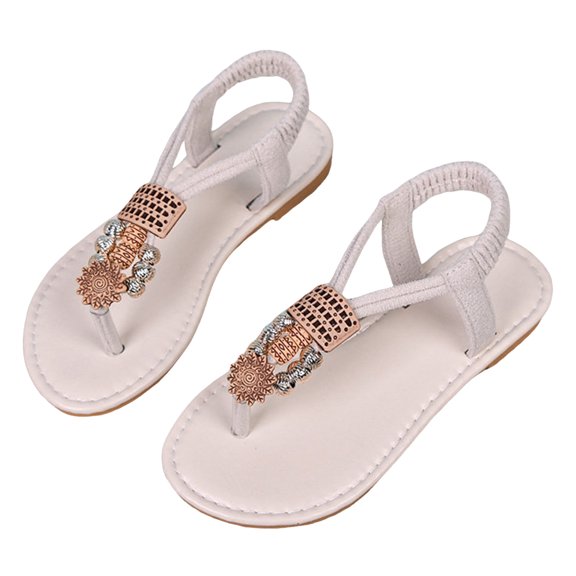 Girls Flip Flops Casual Boho Beaded T-Strap Flat Sandals Elastic Ankle Strap Lightweight Summer Beach Shoes White 9.5 Toddler