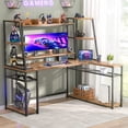thumbnail image 4 of Homieasy 63'' L-Shaped Gaming Desk with LED Light Strips & Built-in Power Outlets, Reversible Computer Corner Desk with Storage Hutch/Monitor Stand/Hooks -Rustic Brown, 4 of 7