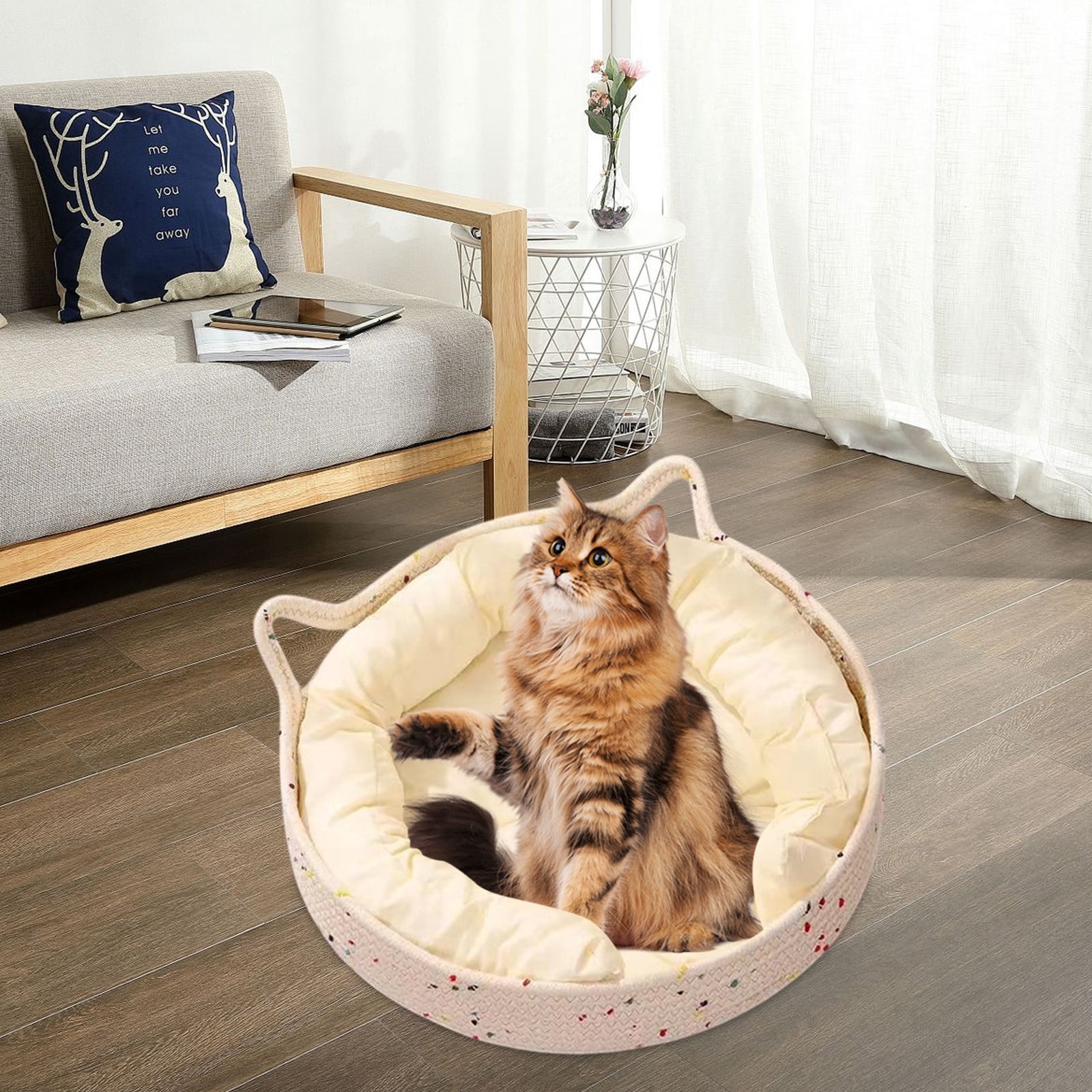 Cat Basket Bed - Large Round Rattan Woven Beds for Indoor Cats and Small Dogs with Soft Cotton Cushion Bucket Nest for Your Pet to Cuddle, Cute Circle Baskets for Kitty