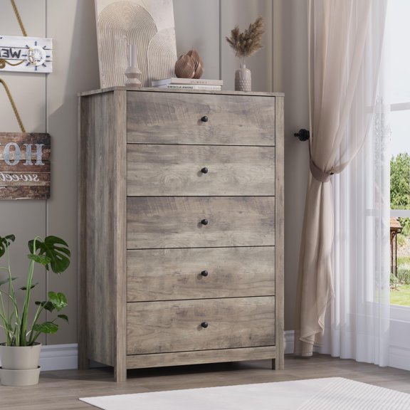 Huisuilinss 5 Drawer Dresser,Tall Dresser For Bedroom,Modern Chest Of Drawers With Large Drawers & Wide Top,Wood Storage Organizer For Living Room Hallway Entryway