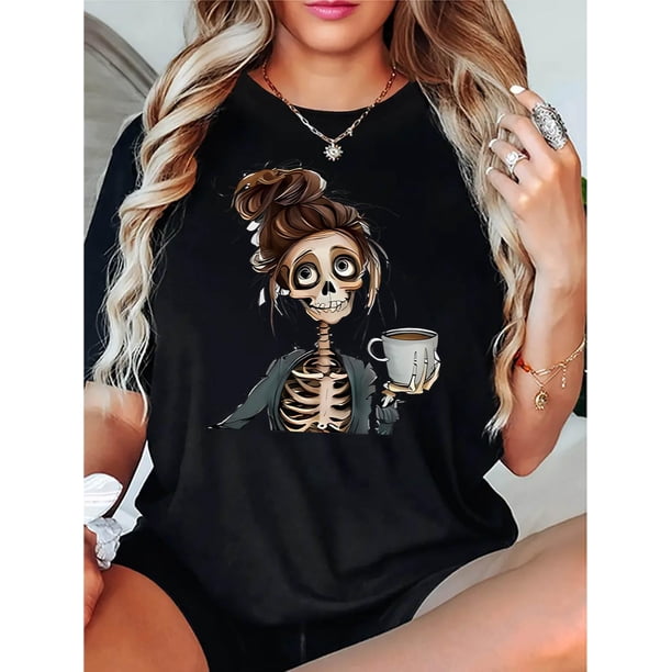 Camiseta De Mujer Verano Casual Mujer Básica Camiseta Para Deportes Callejeros PlayaCreative Coffee Skull Pattern Printed Women'S Trendy Round Neck Short Sleeve, Simple Casual Sports T-Shirt, Comfor