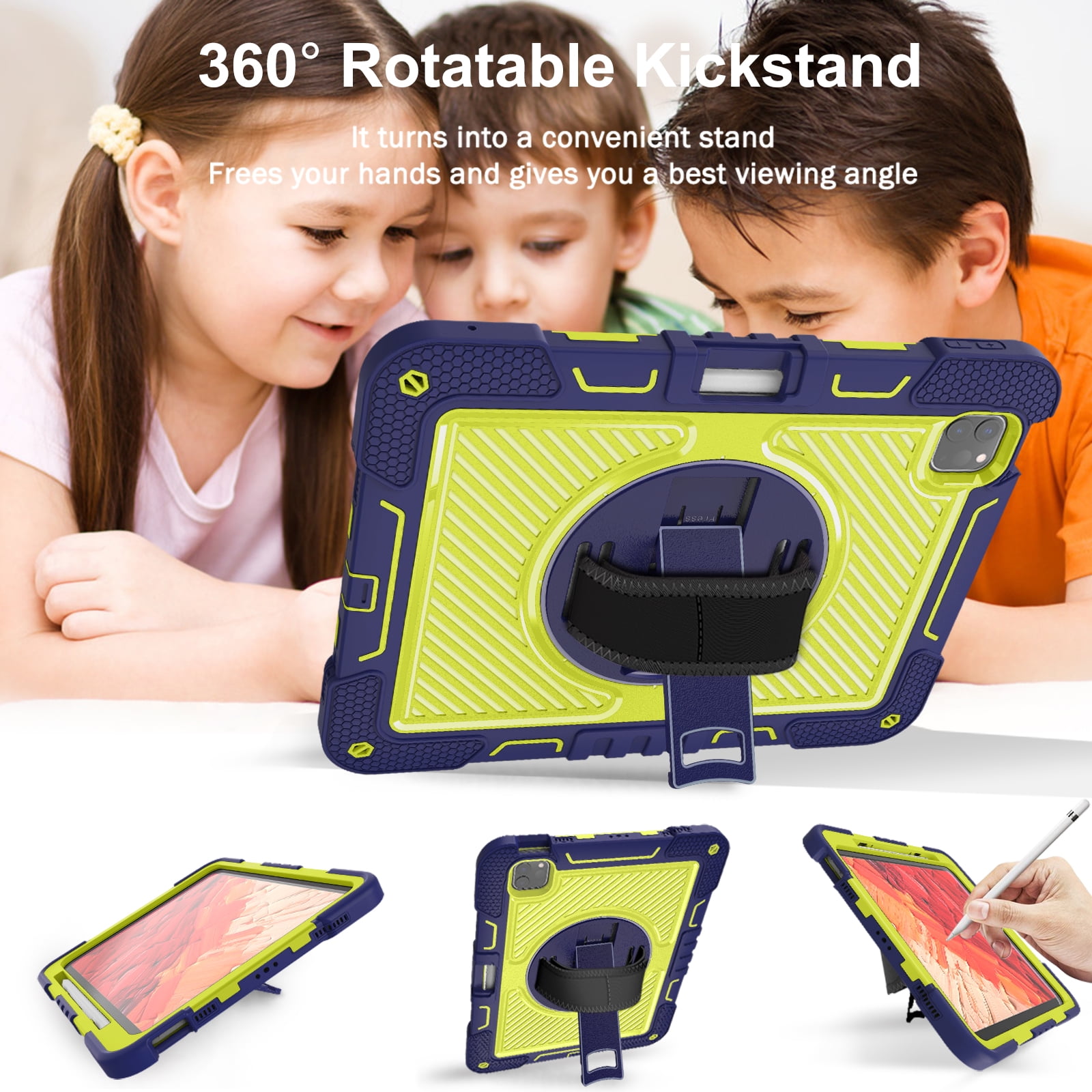 ELEHOLD 3-Layer Shockproof Case For iPad 8th/7th Generation, Rugged Cover with 360° Rotating Kickstand, Wrist Strap, Detachable Shoulder Strap, Pencil Holder, Navy Blue+Green