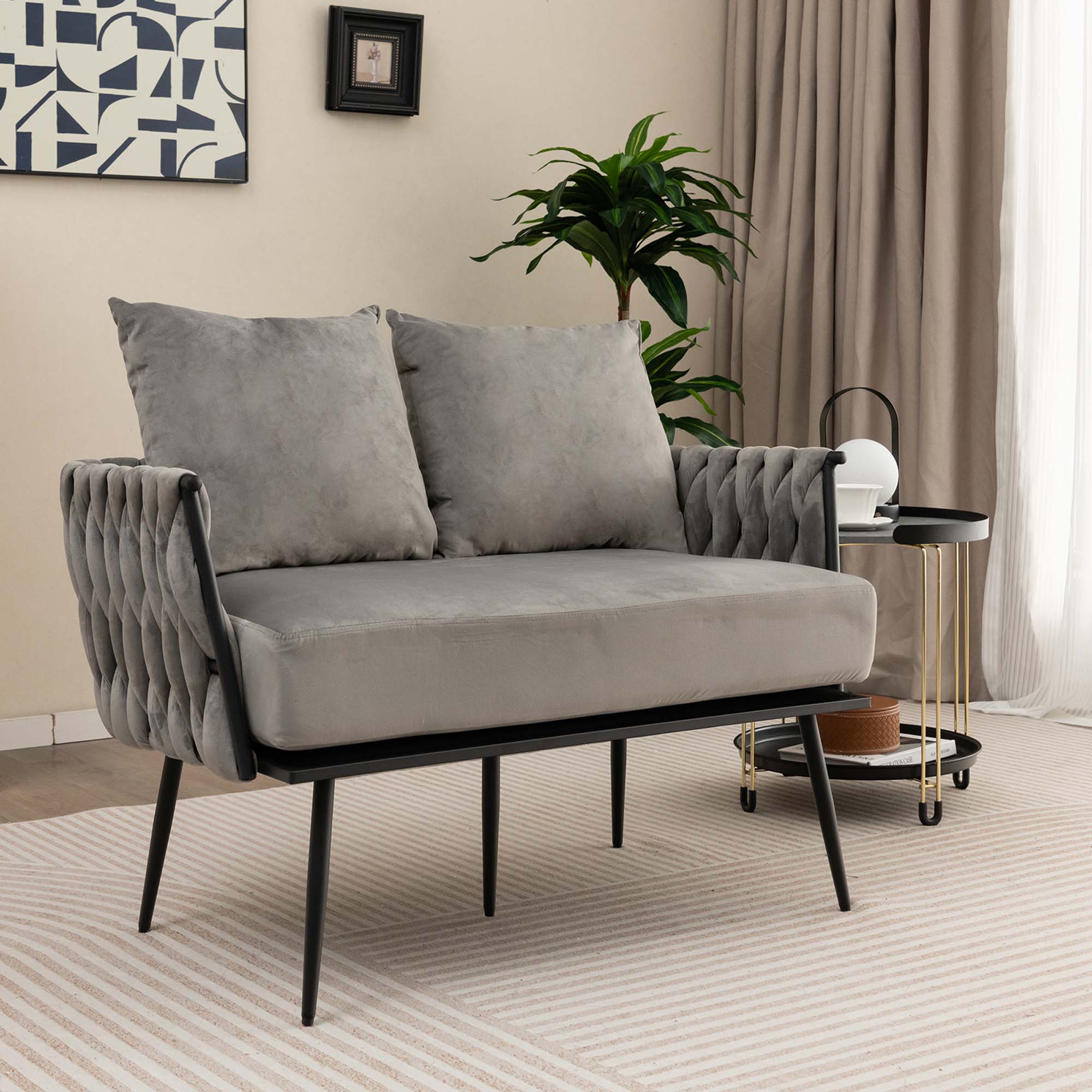 Costway Modern Loveseat Sofa Upholstered Dutch Velvet Couch with Woven Back & Arms Grey