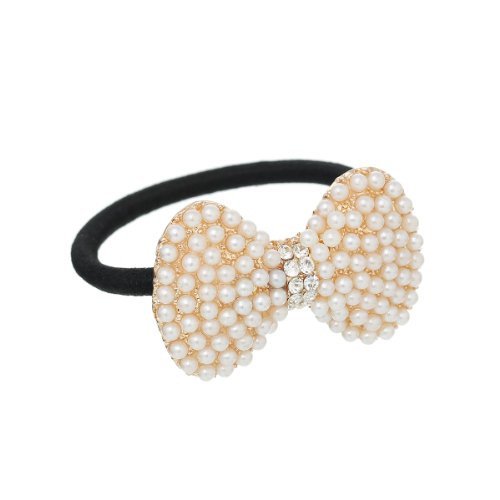 Nylon Cirlce Ring Hair Band Ponytail Holder Black Acrylic Imitation Pearl Choose Your Style From Menu (Bowknot A)