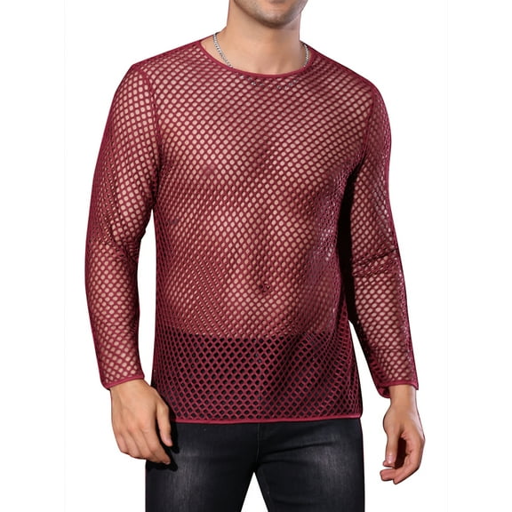 INSPIRE CHIC Men's Mesh T-Shirt Long Sleeves See Through Top