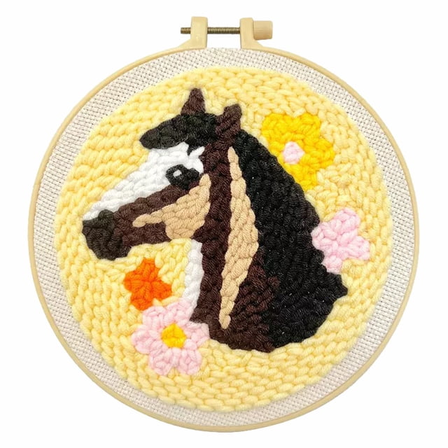 Handmade Animal Embroidery Kit–Punch Needle Embroidery Diy Craft Set for Beginners Includes Yarn Hoop Needle & Pattern (Sheep & Horse Designs) Fun & Relaxing Handicraft