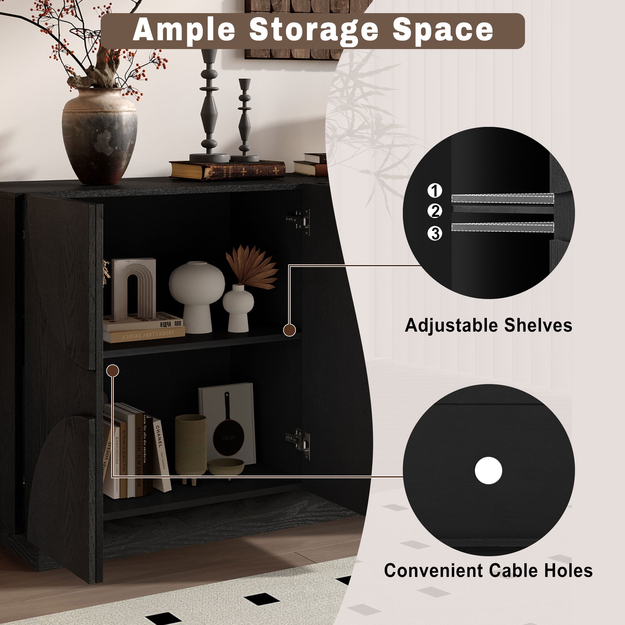 PORKISS Sideboard Buffet Cabinet with Storage, Modern Coffee Bar Credenza with 4 Semi-Circular Doors, Wood Entryway Cabinet with 3-Level Adjustable Shelves for Dining Room, Kitchen, Black