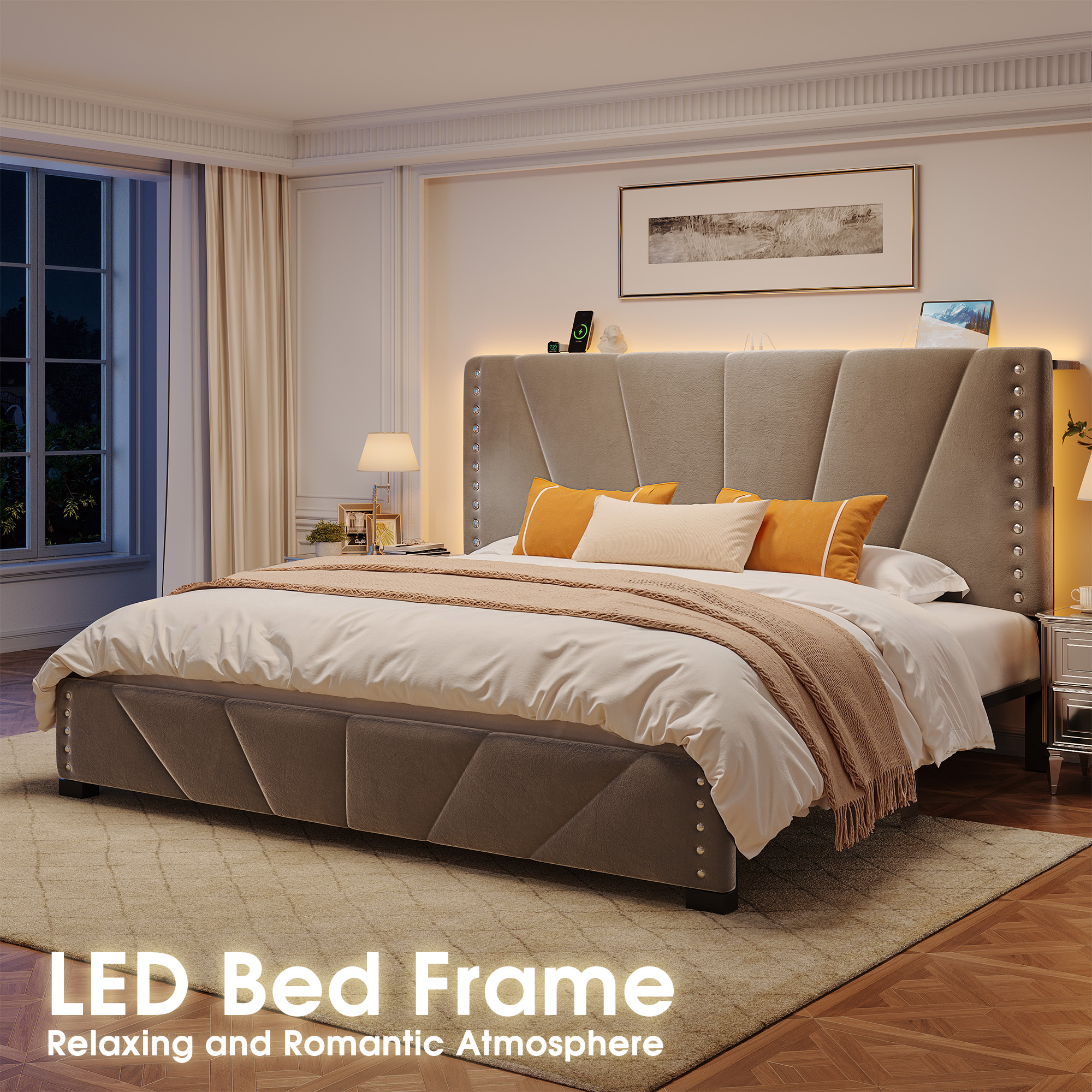Romorgniz King Size Bed Frame with Underbed Storage Upholstered Bed Frame with Adjustable Headboard & LED Light & Charge Station ,Gray