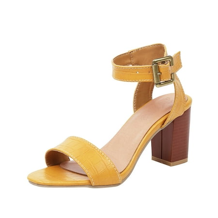 

QYZEU Women s Comfortable Walking Sandals Flat Wedges Sandals for Women Dressy Summer Ladies Fashion Solid Color Leather Open Toe Pointed Buckle High Heeled Sandals Yellow