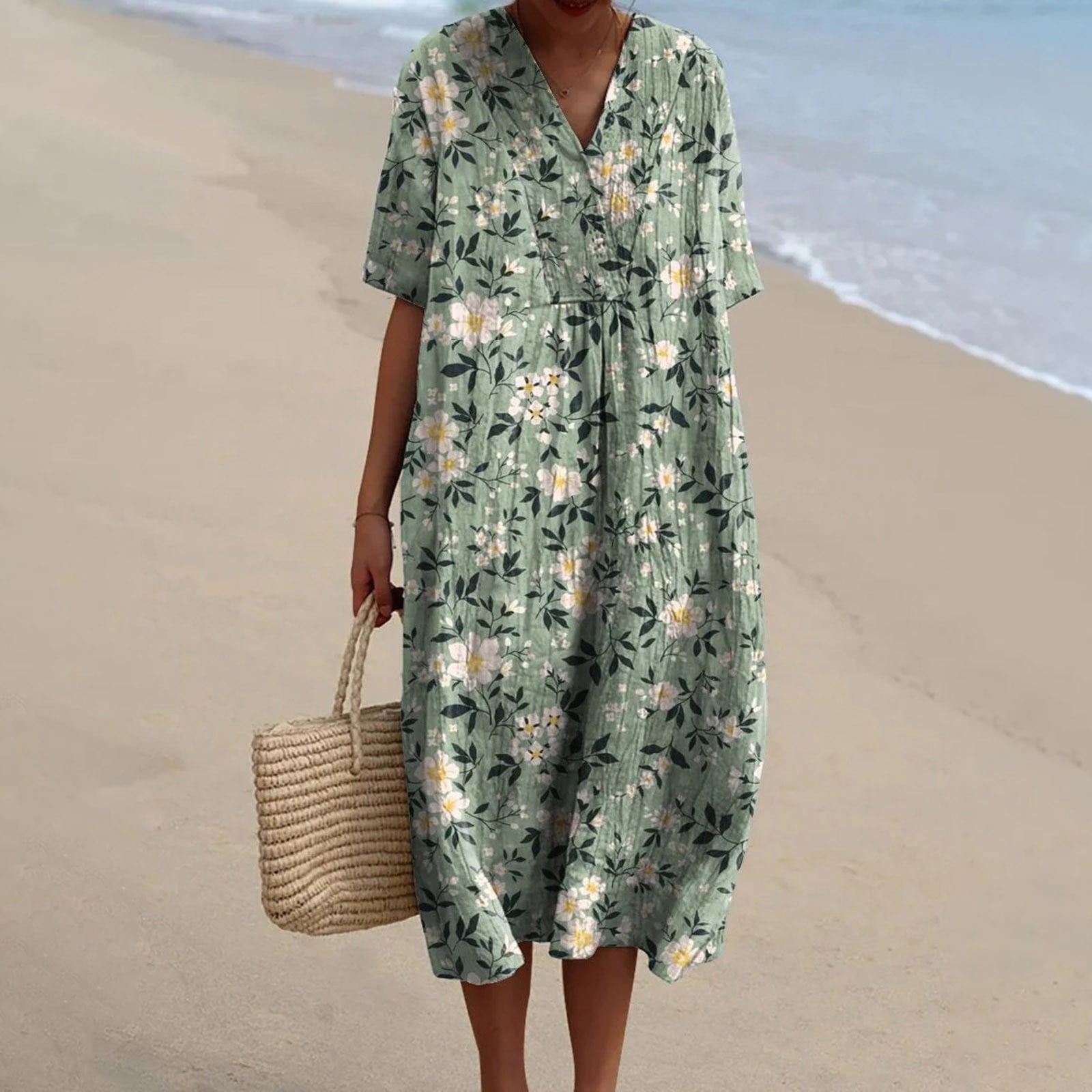 XVJRHAK Women's Vintage Floral Art Print Casual Flowing Dress With Pockets V Neck Dress (Mint Green,S)