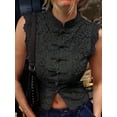 thumbnail image 4 of Women's Lace Mandarin Collar Guipure Split Tank Top Sleeveless Shirt Blouses Black S, 4 of 7