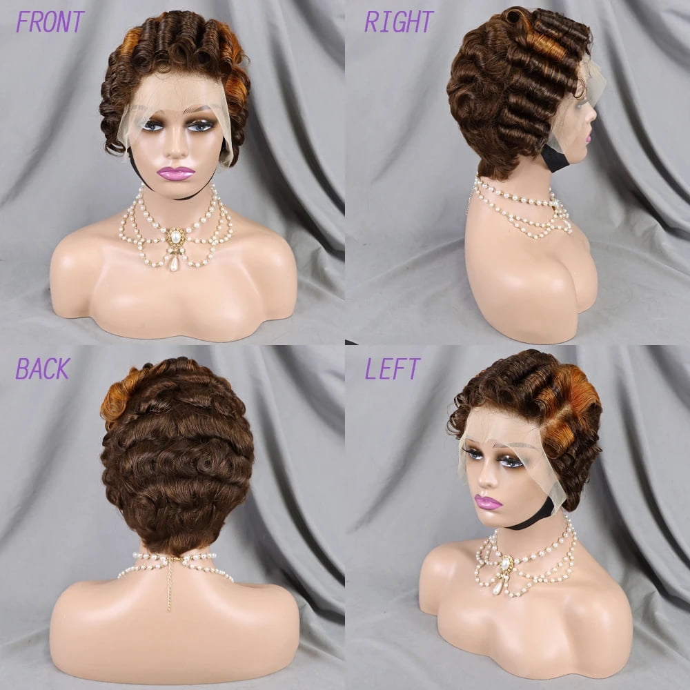 Brown Pixie Cut Wig Short Bob Curly Human Hair Wigs Cheap 13X4 Transparent Lace Dark Brown Water Deep Wave Lace Front Wig for Women