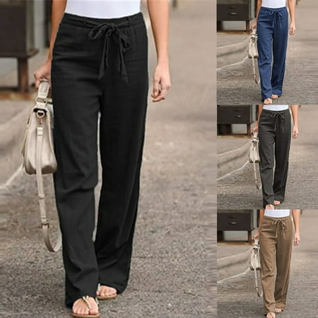 

Taluosi Women Casual Solid Color High Waist Belt Wide Leg Long Straight Pants Trousers