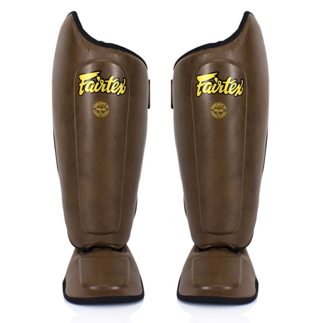 Espinilleras Fairtex SP8 Muay Thai Syntek de piel, color marrón