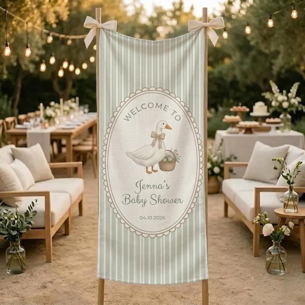 ViciArt Personalized Linen Cotton Baby Shower Banner, Custom Name Event Backdrop, Goose Illustration Design
