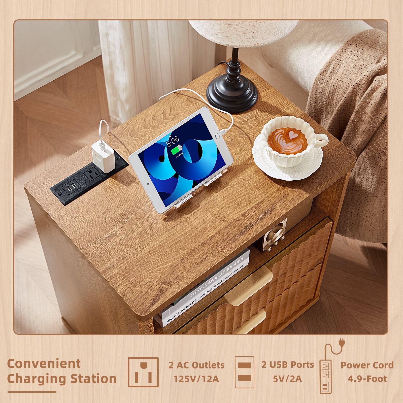LEYAOYAO Fluted Nightstand with Charging Station, Modern End Table with with Open Shelf and 2 Storage Drawers for Bedroom, Brown