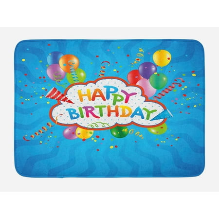 Birthday Bath Mat, Wavy Blue Colored Backdrop with Greeting Text Party Hats Confetti Best Wishes, Non-Slip Plush Mat Bathroom Kitchen Laundry Room Decor, 29.5 X 17.5 Inches, Multicolor,