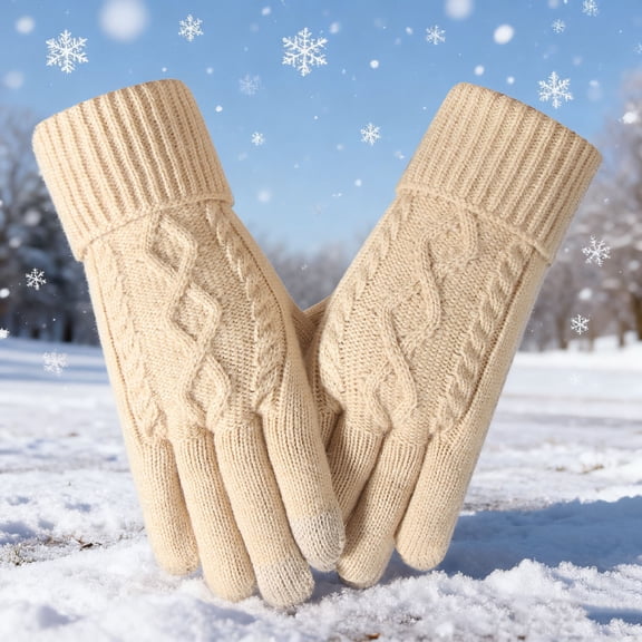 Sunvit-Panties Women and Men Winter Cable Knit Gloves - Beige Polyester Touchscreen Compatible, One Size Fits Most Adults, Warm Ribbed Cuff Gloves for Fall & Winter,Size Free Size
