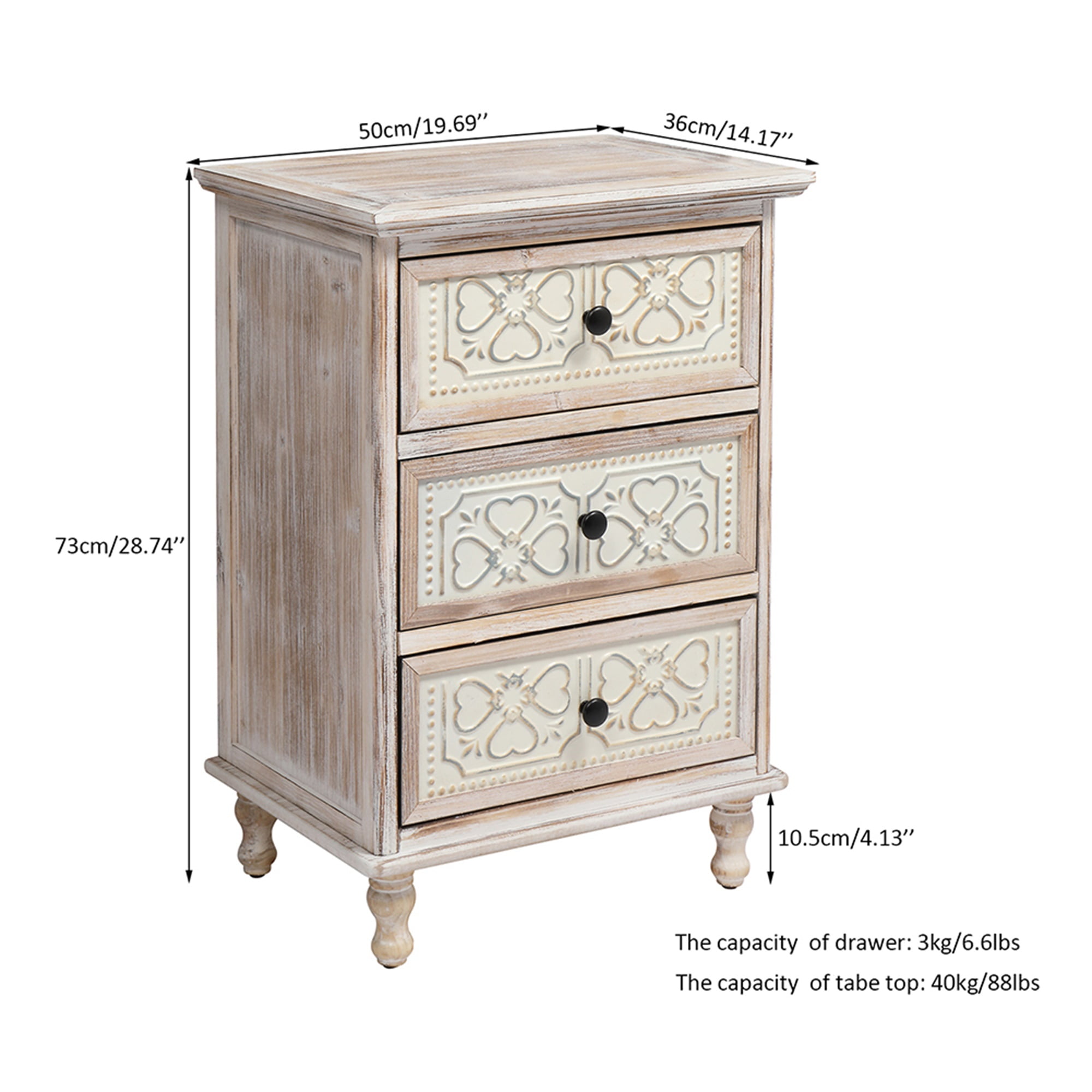 Kepooman 3 Drawer Nightstand, Durable Solid Wood and MDF Finish Fir Construction Decorative Storage Cabinet, Bedroom, Living Room, Entryway Washed White Finish Iron Carved Nightstand Kepooman 3 Drawer Nightstand, Durable Solid Wood and MDF Finish Fir Construction Decorative Storage Cabinet, Bedroom, Living Room, Entryway Washed White Finish Iron Carved Nightstand