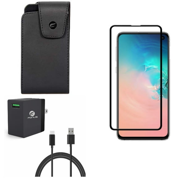 Galaxy S10e Screen Protector w Quick Home Charger w Case Belt Clip - Tempered Glass 5D Curved Edge, 18W 6ft USB Cable Power, Leather Swivel Holster for Samsung Galaxy S10e Phone