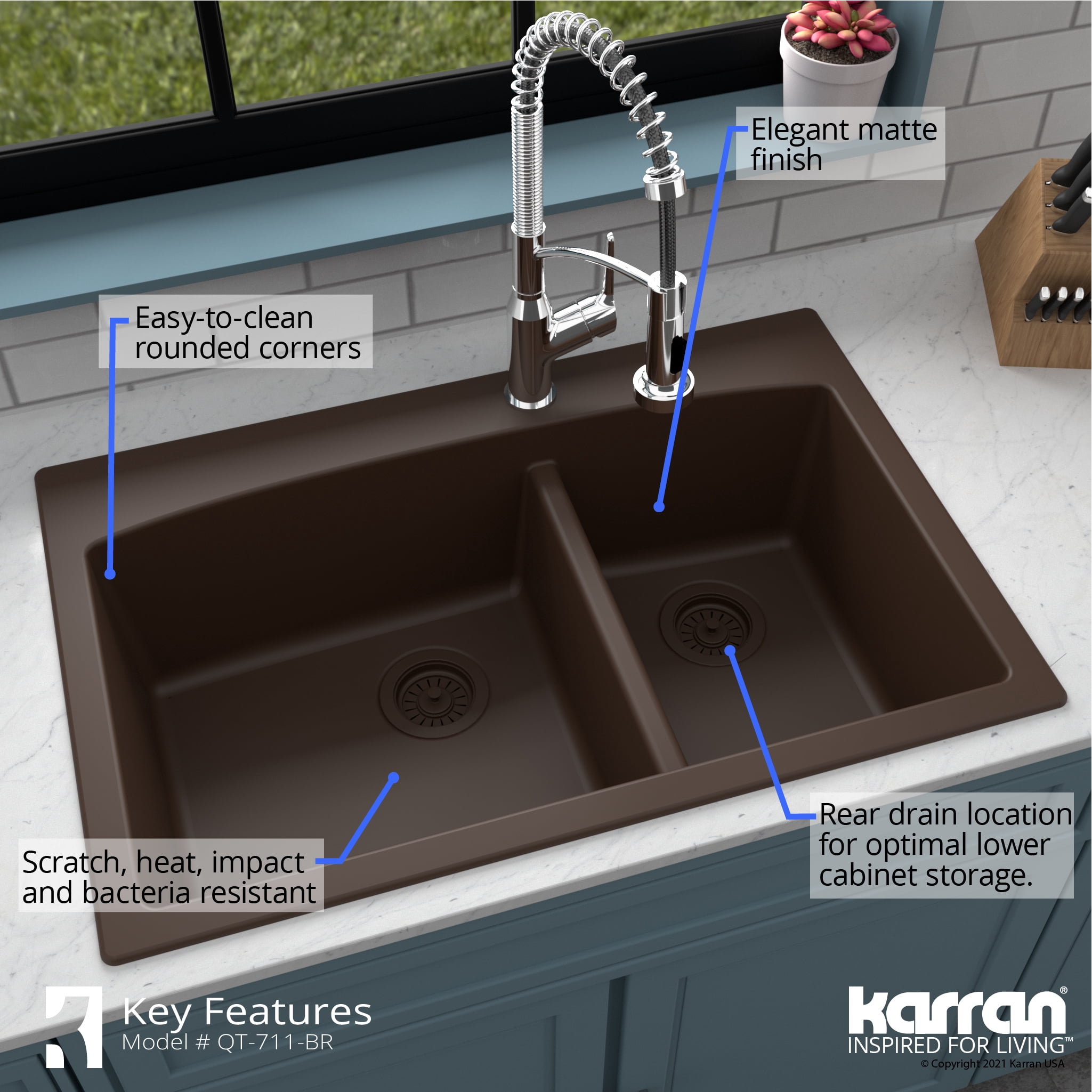 Karran QT-711 Drop-In Brown Quartz Composite 33 in. 1-Hole 60/40 Double Bowl Kitchen Sink