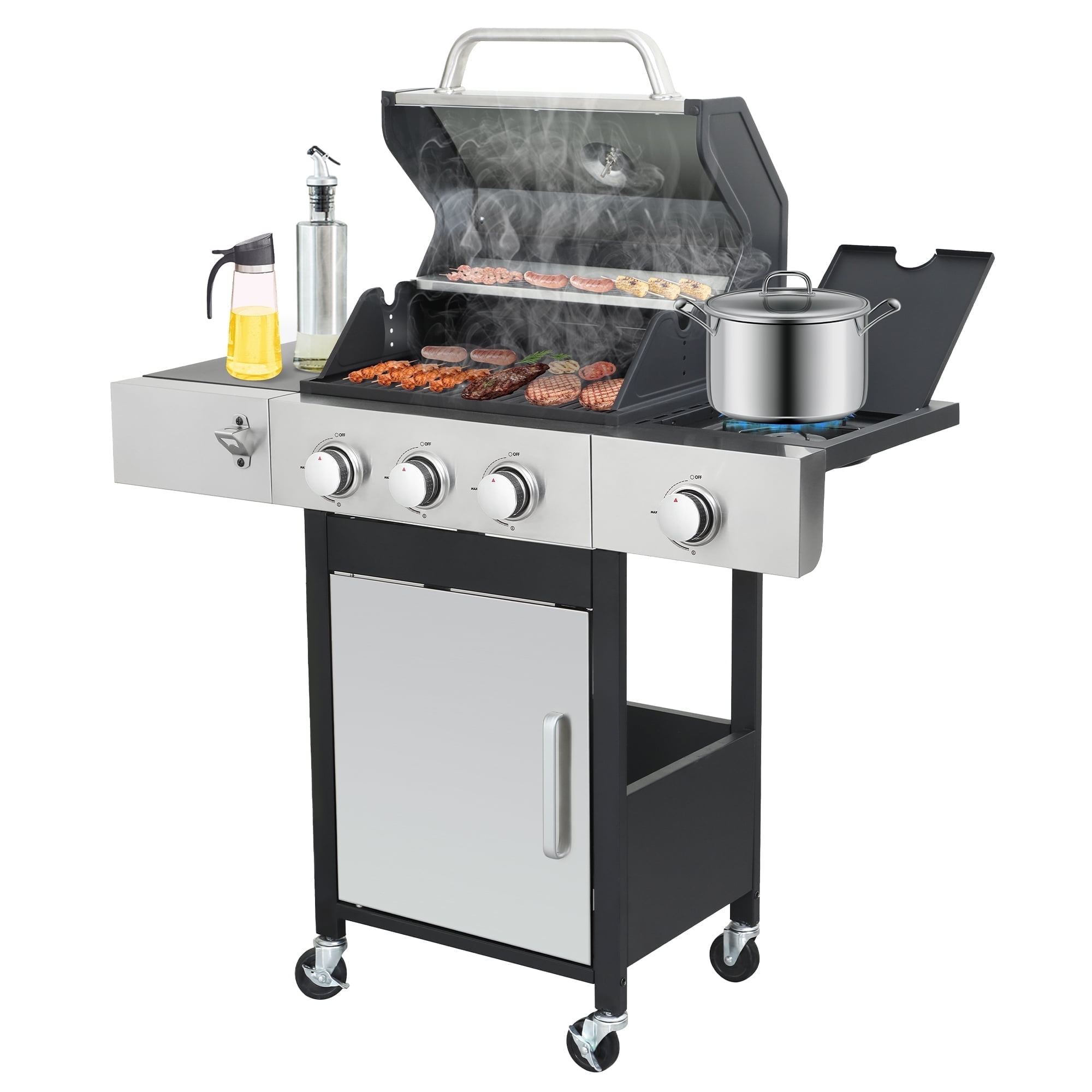 Nice Cooker 3-Burner Propane Gas Grill with Side Burner, Cast Iron Grates, Double Layer Lid
