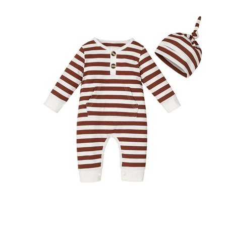 

Honeeladyy Winter Newborn Boys Girls Stripe Cotton Jumpsuit Long Sleeve Bodysuit Hooded Pocket Romper With Hat Brown Sales Online