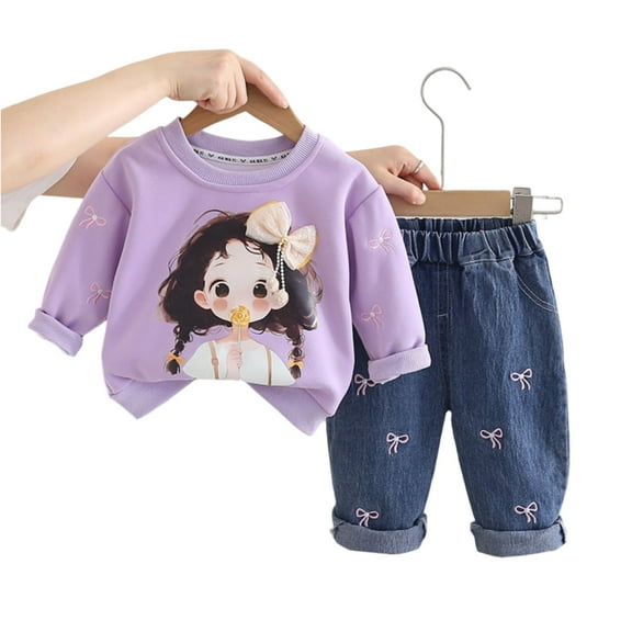 Toddler Girl Long Sleeve Printed Sweatshirt and Denim Pants Set Casual Crewneck Top and Embroidered Jeans Outfit for Kids