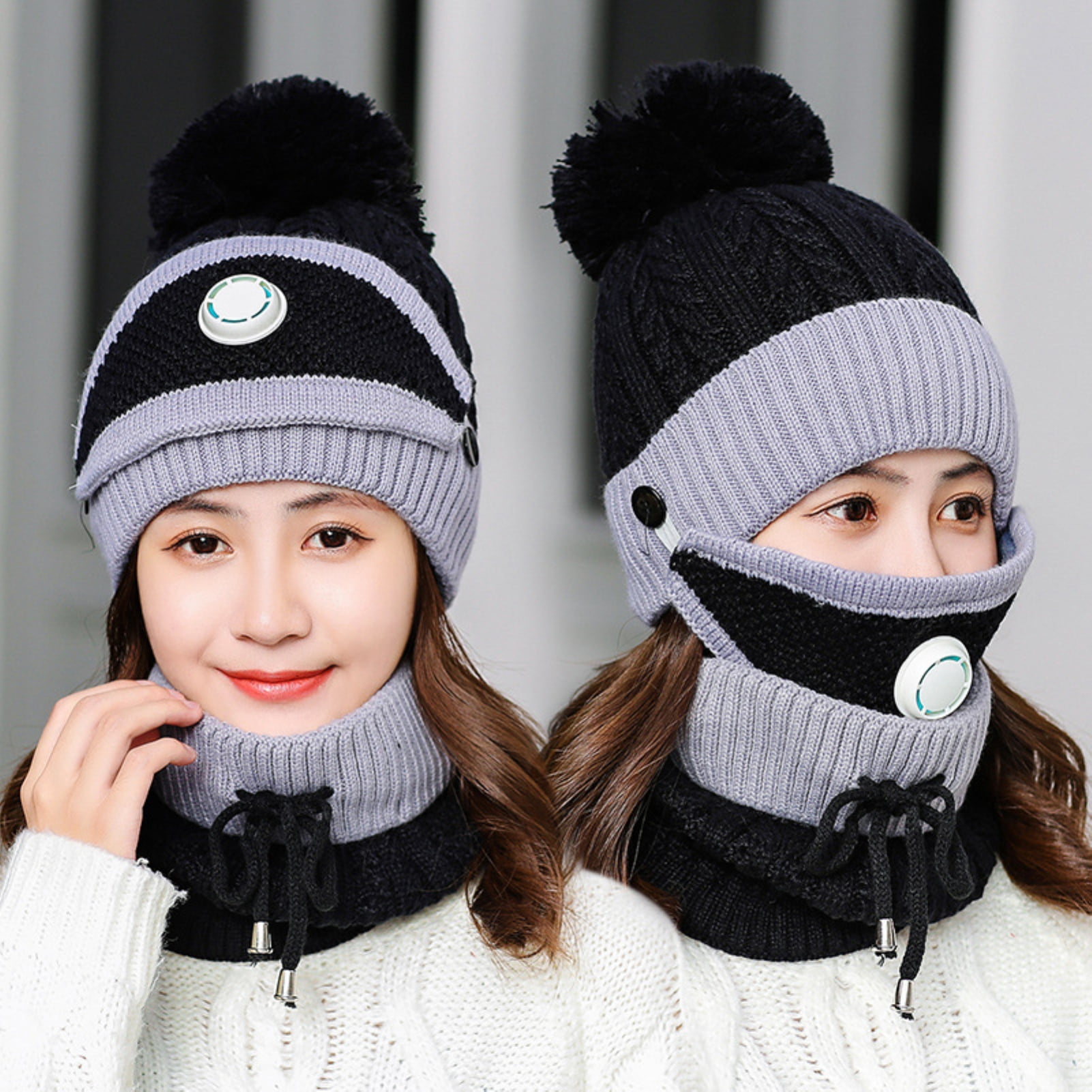 Women's Fleece Lined Beanie Hat With Brim & Scarf Mask Set - Winter Pom Pom Knit Cap, Earmuffs, Cold Weather Accessory