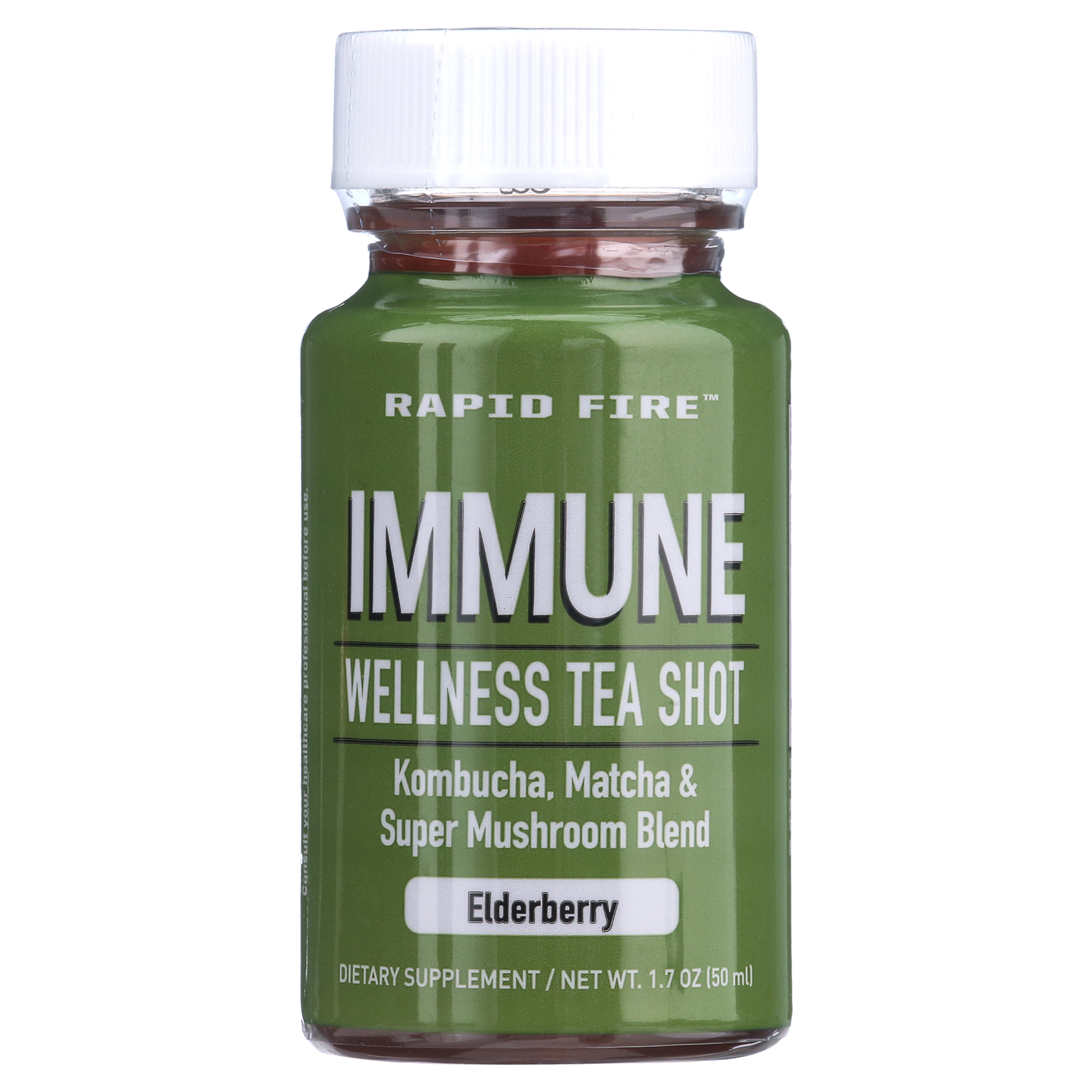Rapid Fire Immune Wellness Tea Shot, Kombucha, Matcha, Super Mushroom Blend, Elderberry flavor, 1.7 oz. (7 Count)