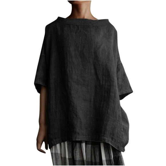 Cameland Women's Vintage Cotton and Solid Round Neck Temperament Short Sleeve Shirt Tops