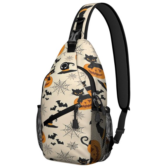 Sling Backpack,Halloween Black Cats and Pumpkins Sling Bag with Water Bottle Holder,Waterproof Sling Bag for Men/Women with Headphone Jack for Hiking,Travel