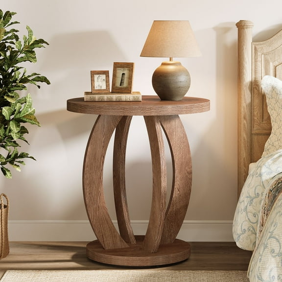 Tribesigns End Table, Round Side Table with Storage, Farmhouse Nightstand Bedside with Round Tabletop, Accent End Table for Living Room Bedroom Small Space, Wooden Accent Furniture, Rustic Brown