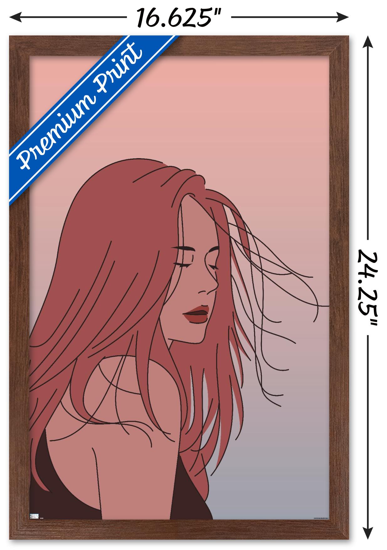 Hand Drawn Woman With Blowing Hair Wall Poster, 14.725" x 22.375" Framed